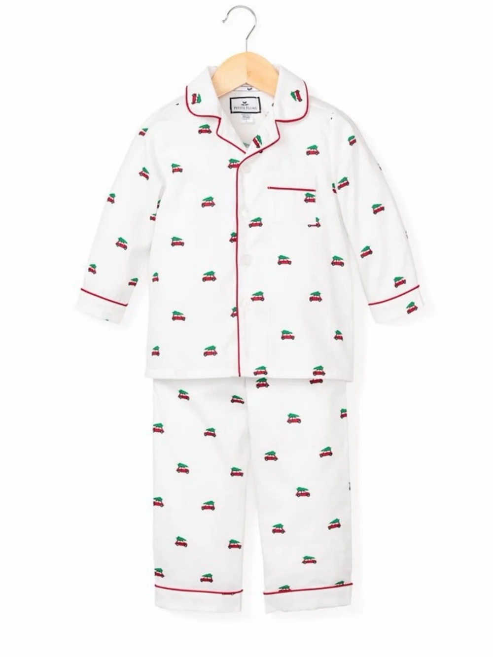 Petite Plume Classic White Kids Pajama Set with Red & Green Car Print, 4T